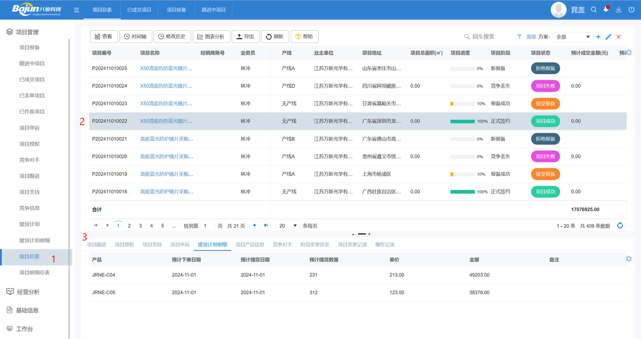△八駿項目報備系統產品截圖：項目總表（臺賬） 示例